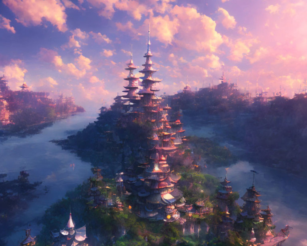 Fantastical landscape with towering pagodas and pink-purple sky
