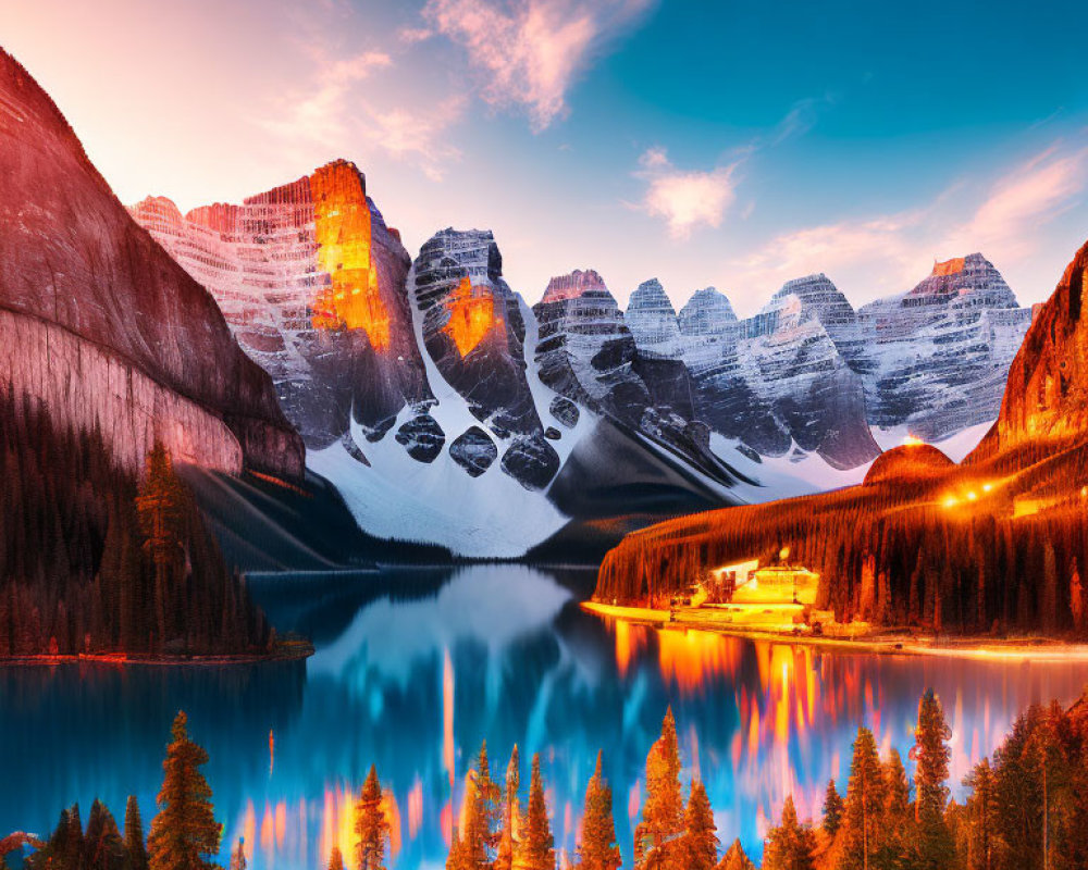 Snow-capped mountains at sunrise reflecting in a tranquil blue lake with evergreen and autumn trees.
