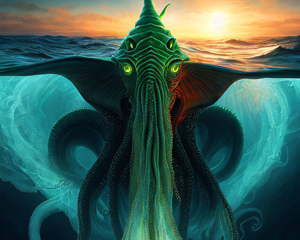 Gigantic mythic cephalopod with glowing eyes emerges at sunset