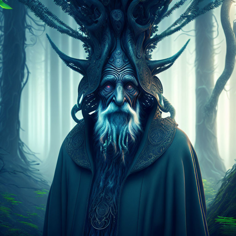 Mysterious figure with ornate antlered mask in misty forest