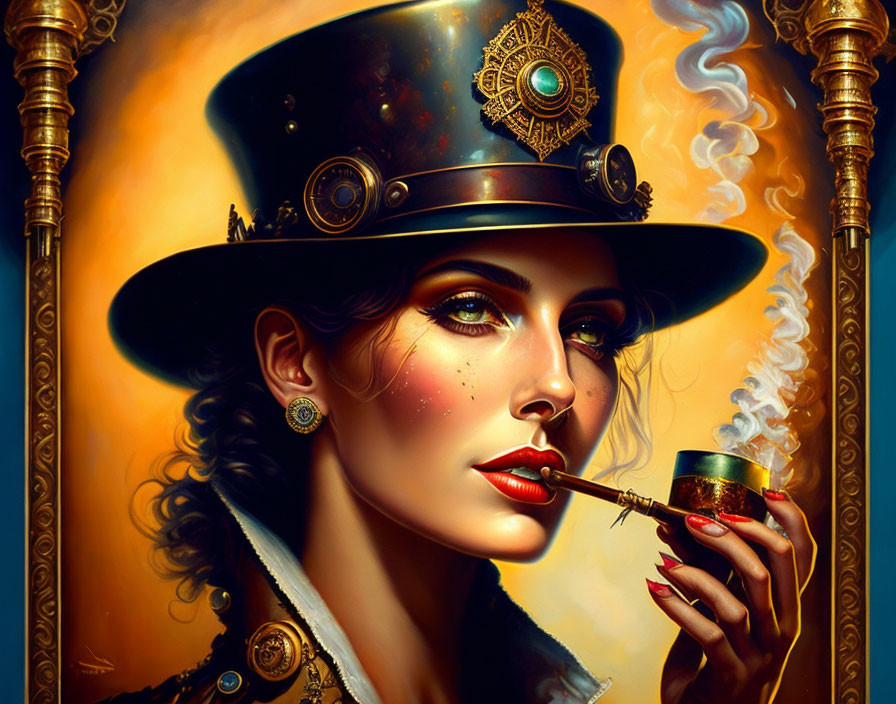 Steampunk-themed illustrated woman in ornate attire and top hat against golden mechanical backdrop