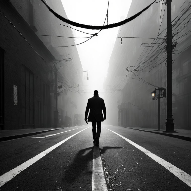Foggy urban street with person walking and buildings