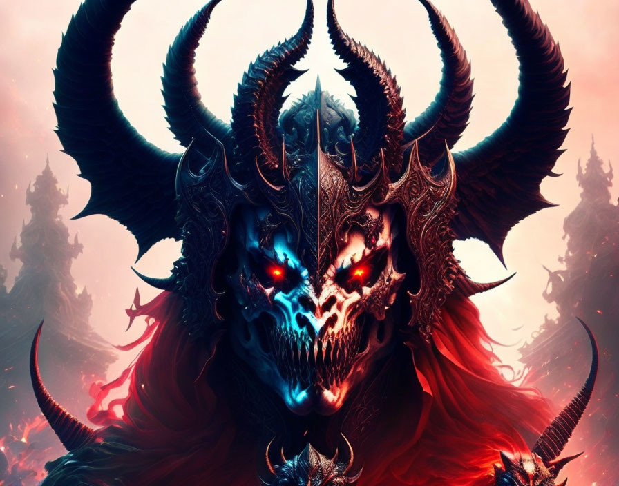 Dark armored figure with glowing blue eyes and twisted horns on fiery red background