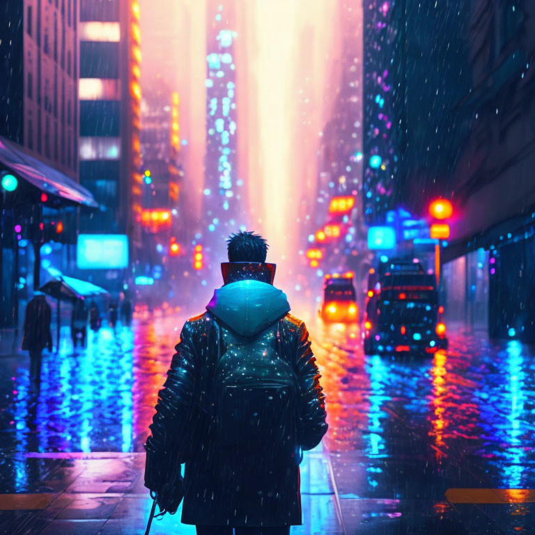 Person walking on city street at night with colorful lights and rain reflections