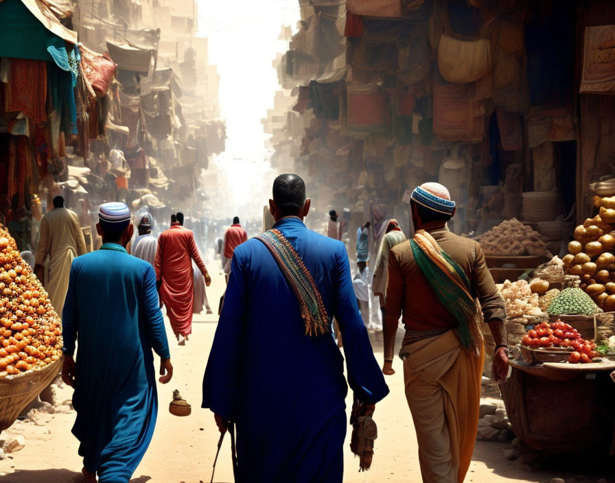 Men walking in vibrant market street with fruits on display and sunlight filtering through cloth-covered alleyways