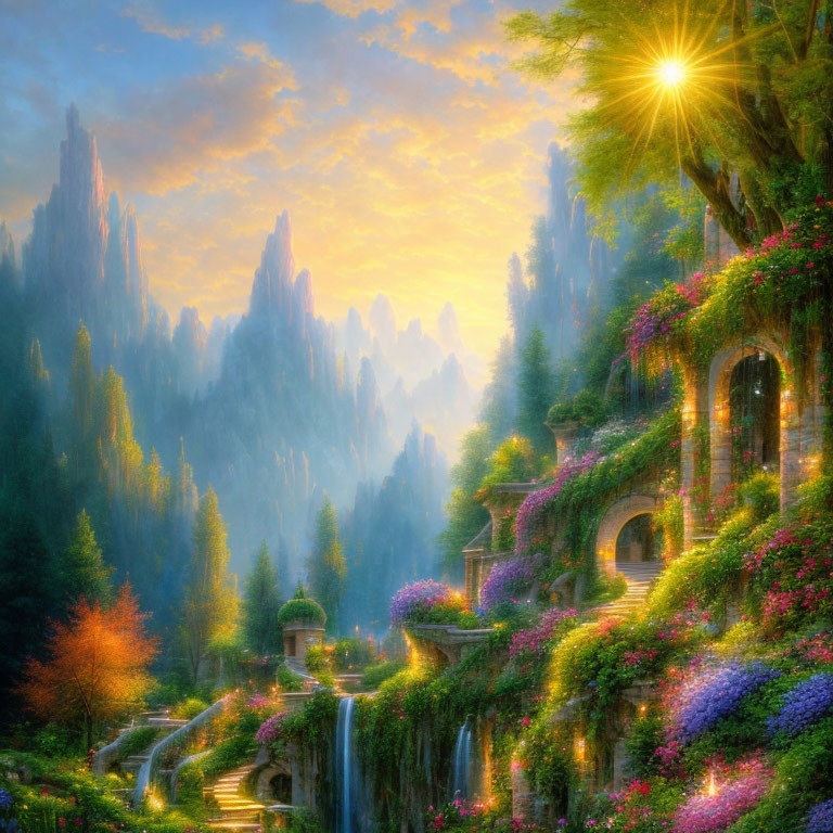 Fantasy landscape with lush greenery, waterfalls, and colorful sky