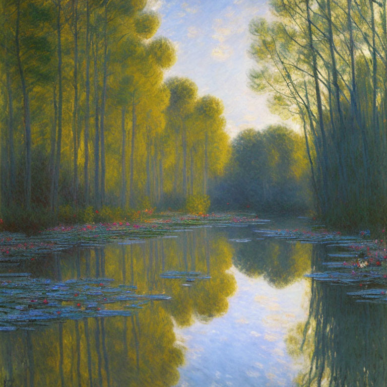 Tranquil pond with water lilies and tall trees in golden light