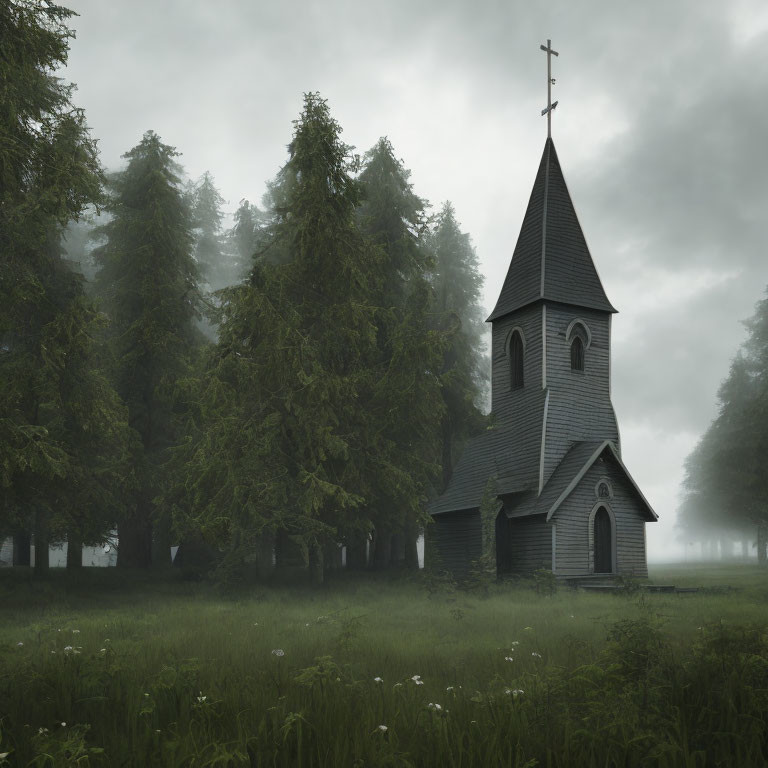 Solitary church with steeple in foggy forest