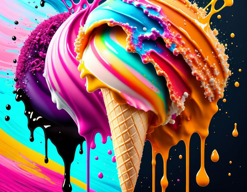 Colorful Melting Ice Cream Cone Illustration on Dark Background