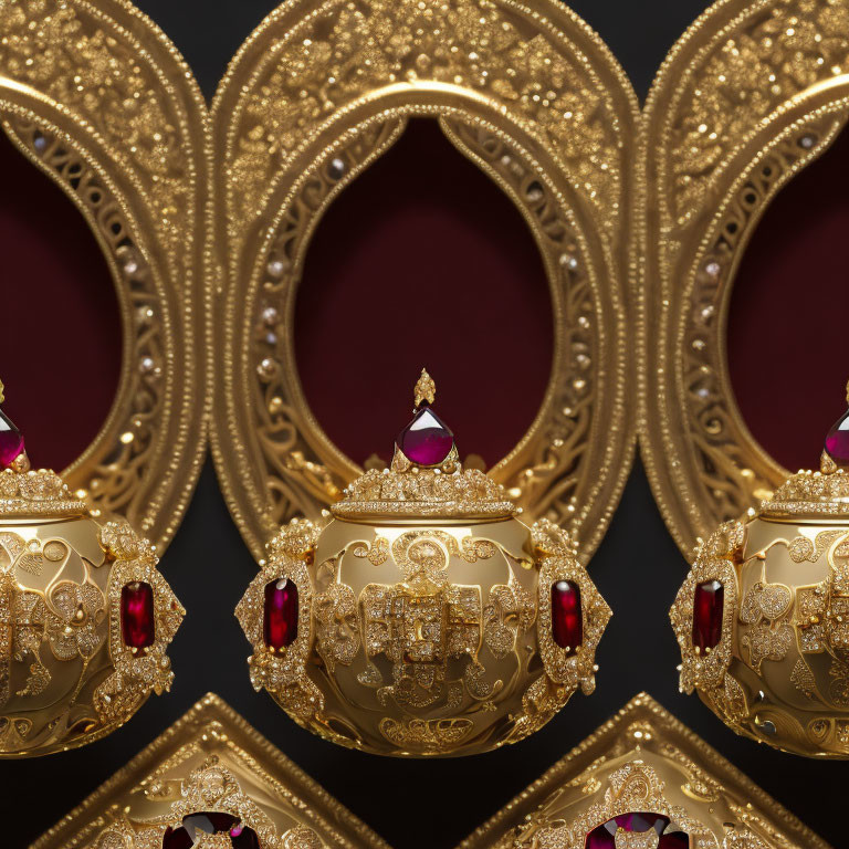 Luxurious golden jewelry with rubies and diamonds on dark background.