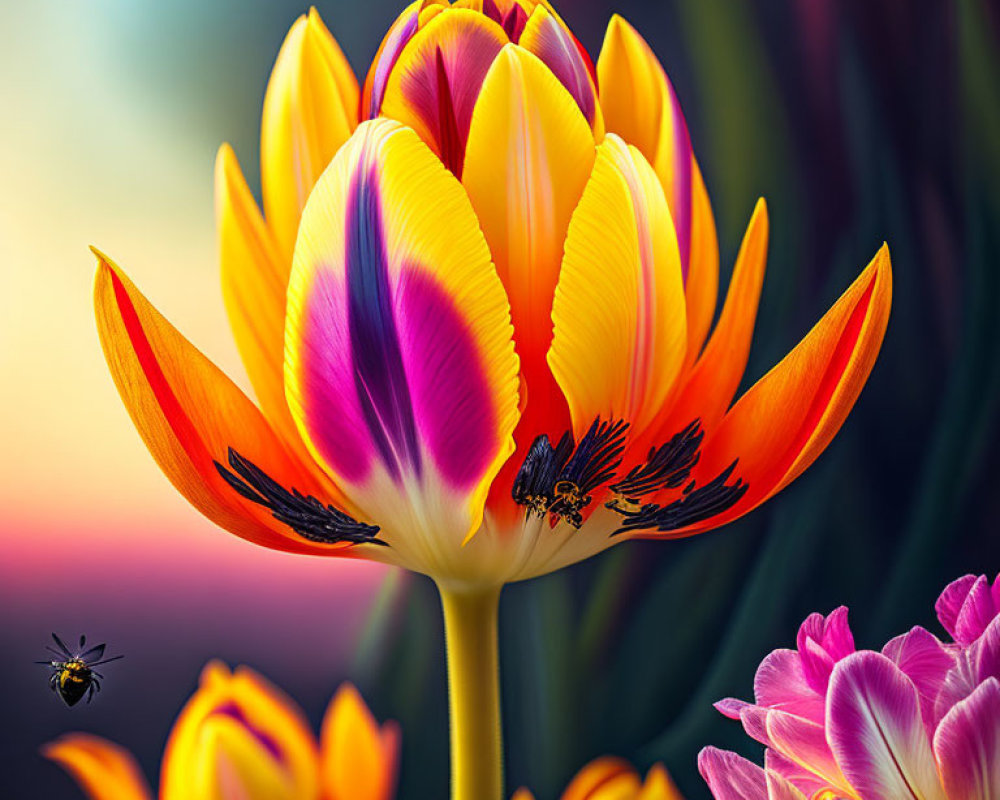 Colorful Tulip with Yellow and Pink Petals and Bees on Soft Background