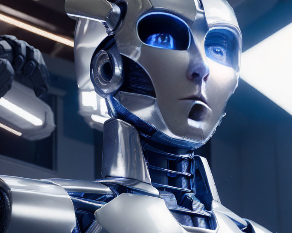 Silver-faced humanoid robot with blue eyes and mechanical details in futuristic setting