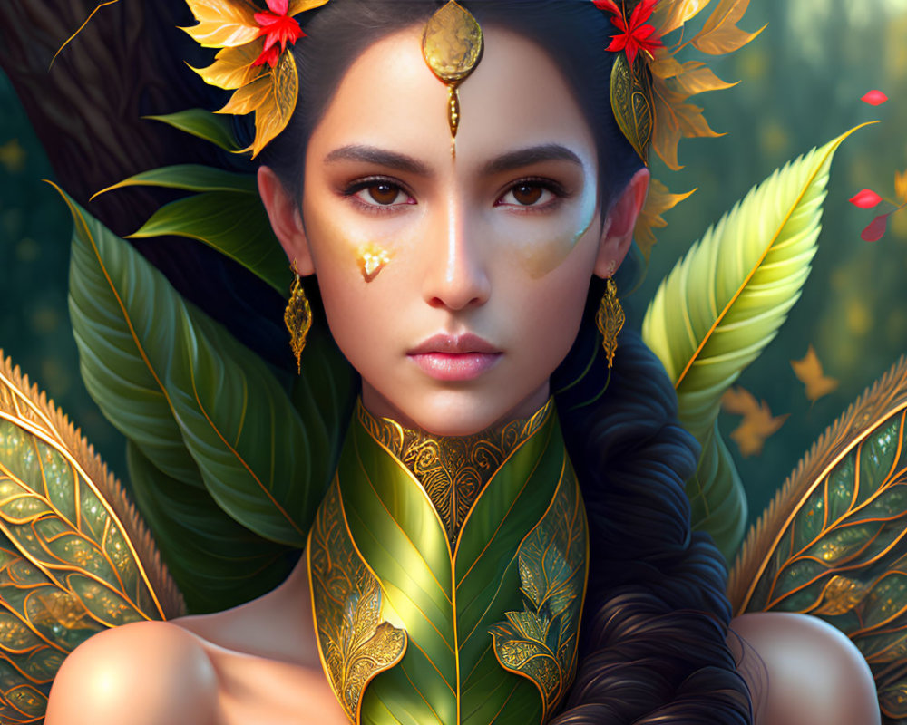 Nature-inspired jewelry and makeup with leaf and floral motifs on a woman creating a mystical aura