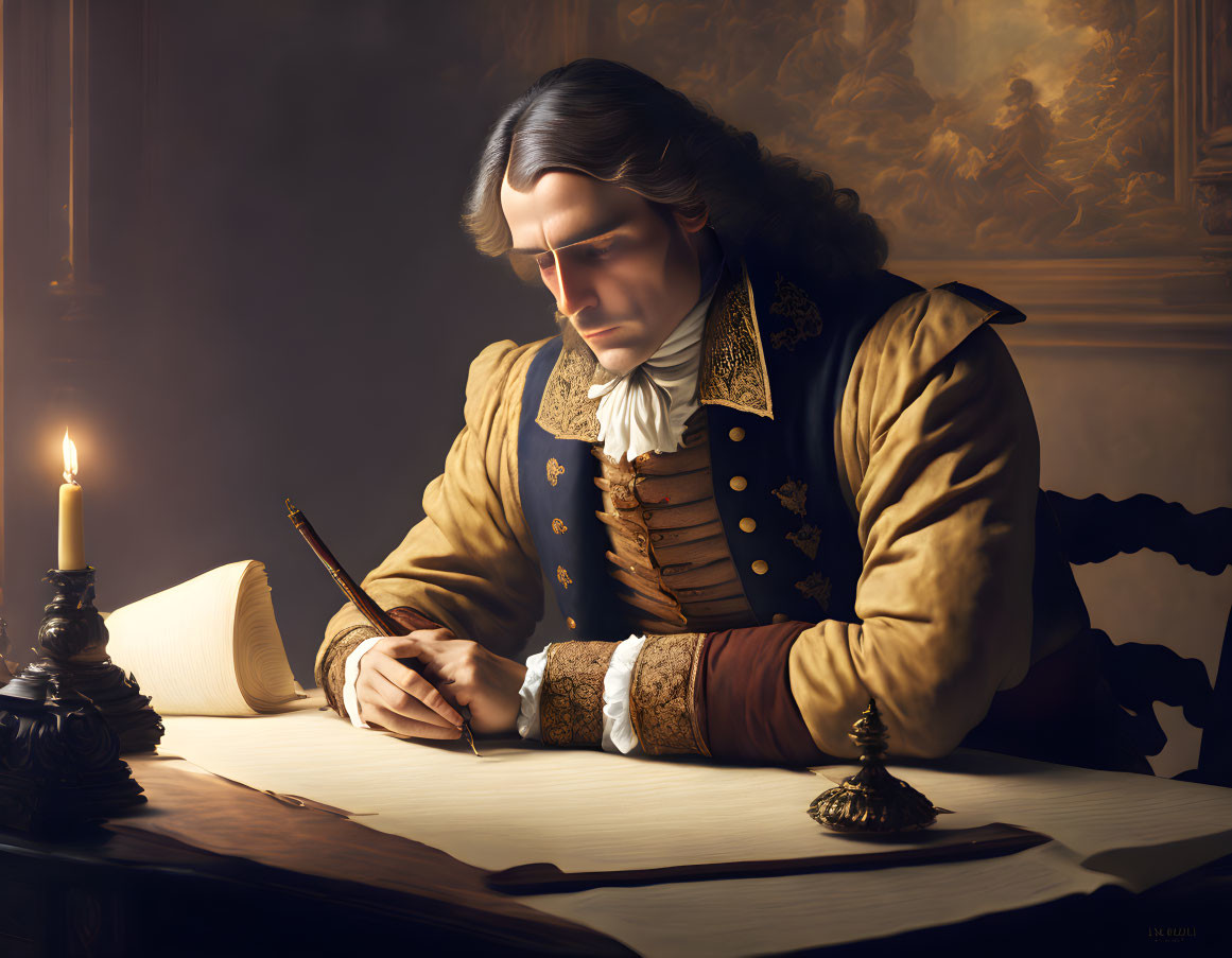 Historically dressed man writing with quill by candlelight