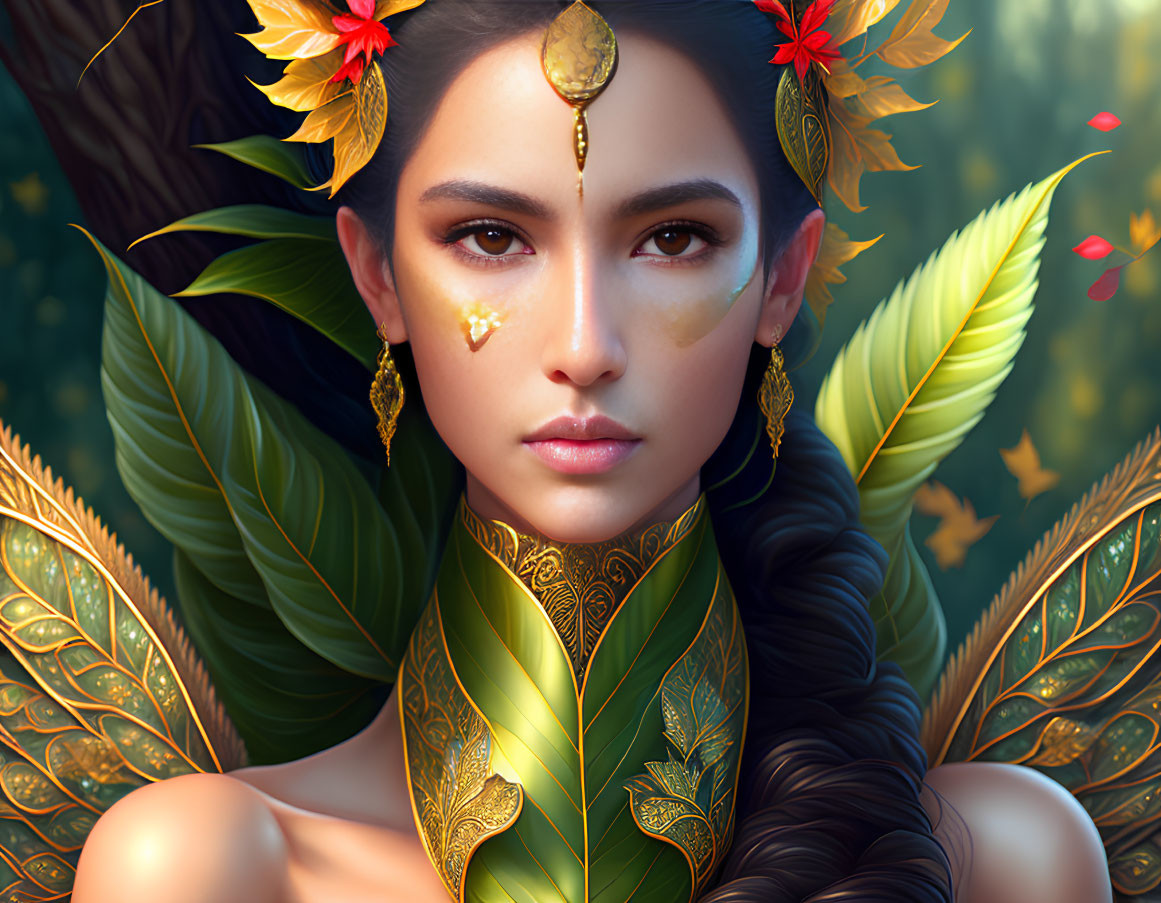 Nature-inspired jewelry and makeup with leaf and floral motifs on a woman creating a mystical aura