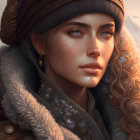 Cosmic-themed digital painting of woman with blue eyes and winter attire