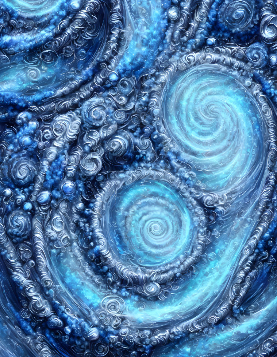 Abstract blue swirls and spirals with glossy texture in digital fractal image