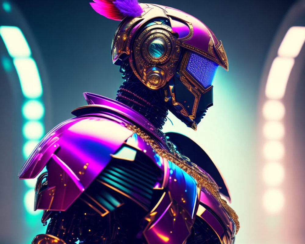 Futuristic knight in purple and golden armor with plumed helmet against illuminated circular arches