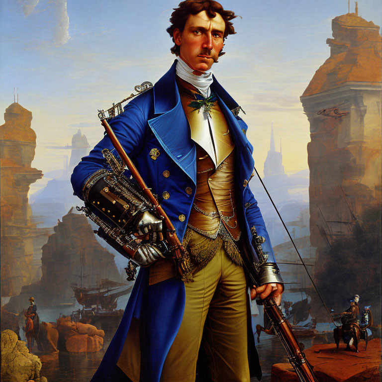 Historical military uniform portrait with sword and ships backdrop