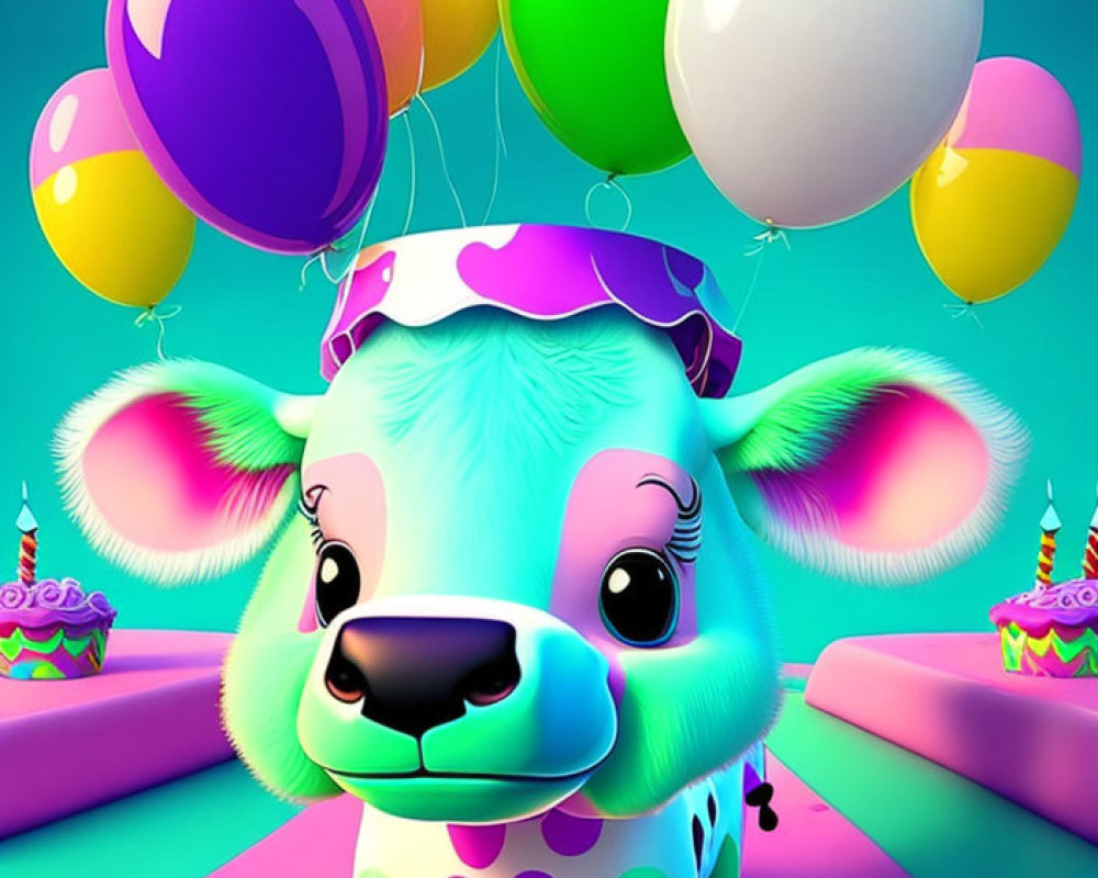 Vibrant Cartoon Cow with Balloons and Cupcakes on Turquoise Background