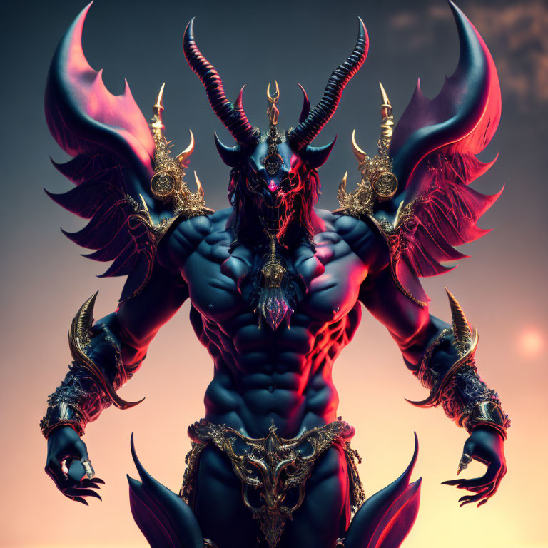 Muscular demonic entity with large horns in gold armor against moody backdrop