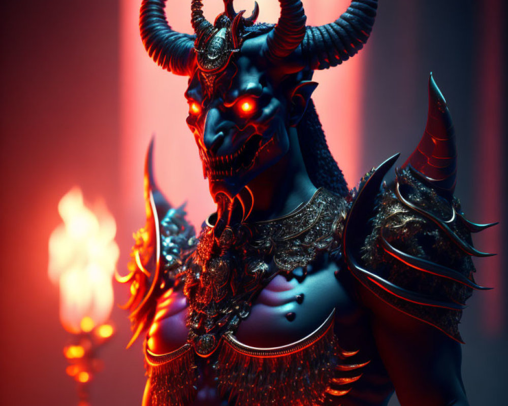 Horned demonic figure in armor with glowing eyes holding torch
