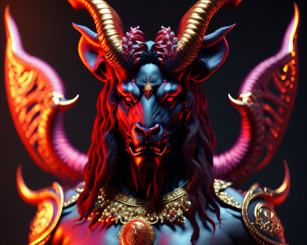 Fantasy Bull Creature with Red Glowing Eyes and Ornate Armor