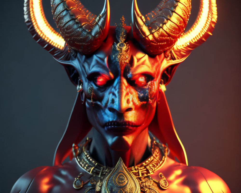 Detailed Illustration of Demonic Figure with Horns and Blue/Red Skin