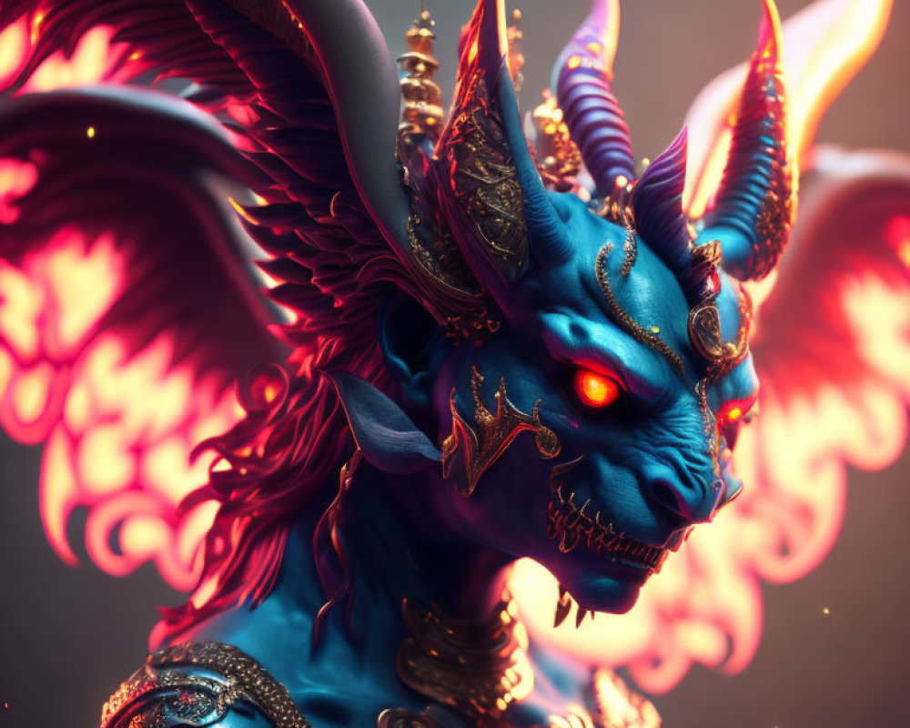 Mythical creature with blue skin, golden horns, red eyes, and fiery wings
