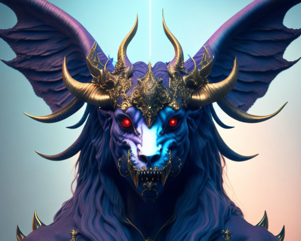 Fantasy Artwork: Blue-furred creature with red eyes, large horns, and golden adornments