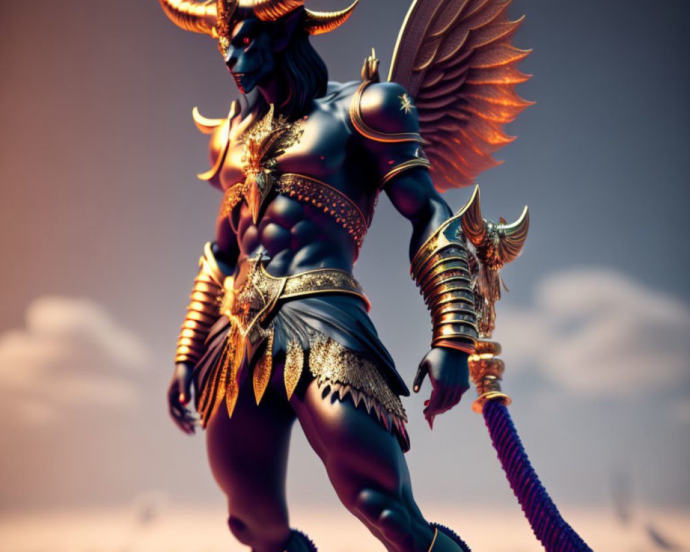 Fantasy warrior with winged horns in ornate armor against dusky sky