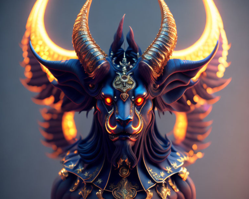 Digital Artwork: Demonic Character with Horns, Glowing Eyes, and Golden Armor