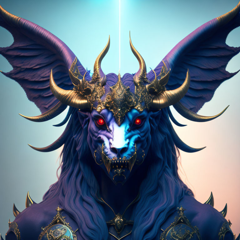 Fantasy Artwork: Blue-furred creature with red eyes, large horns, and golden adornments