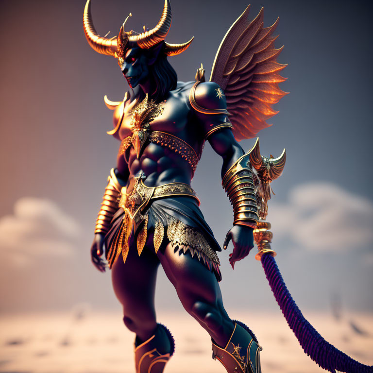 Fantasy warrior with winged horns in ornate armor against dusky sky