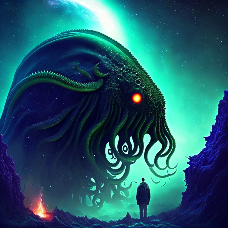 Person facing giant tentacled creature under starlit sky in surreal setting