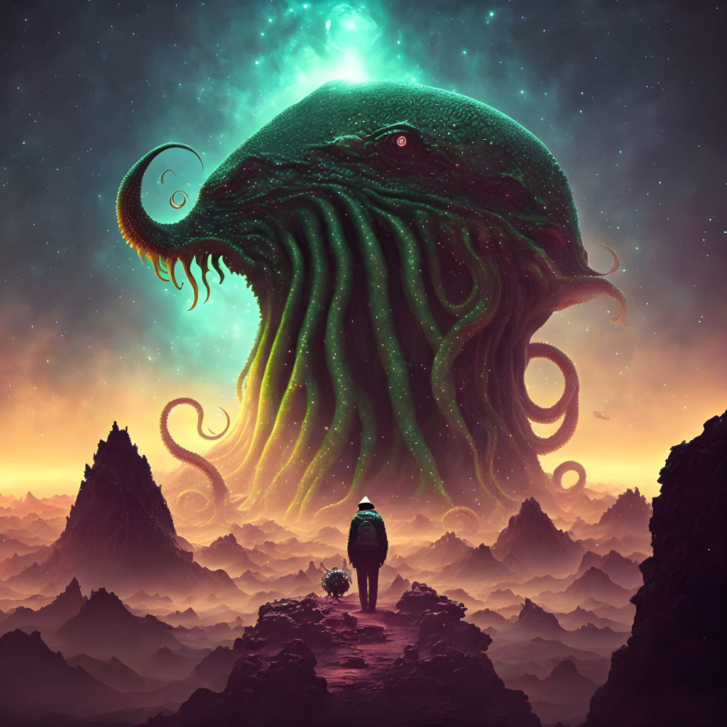 Figure gazes at giant green cephalopod in alien landscape