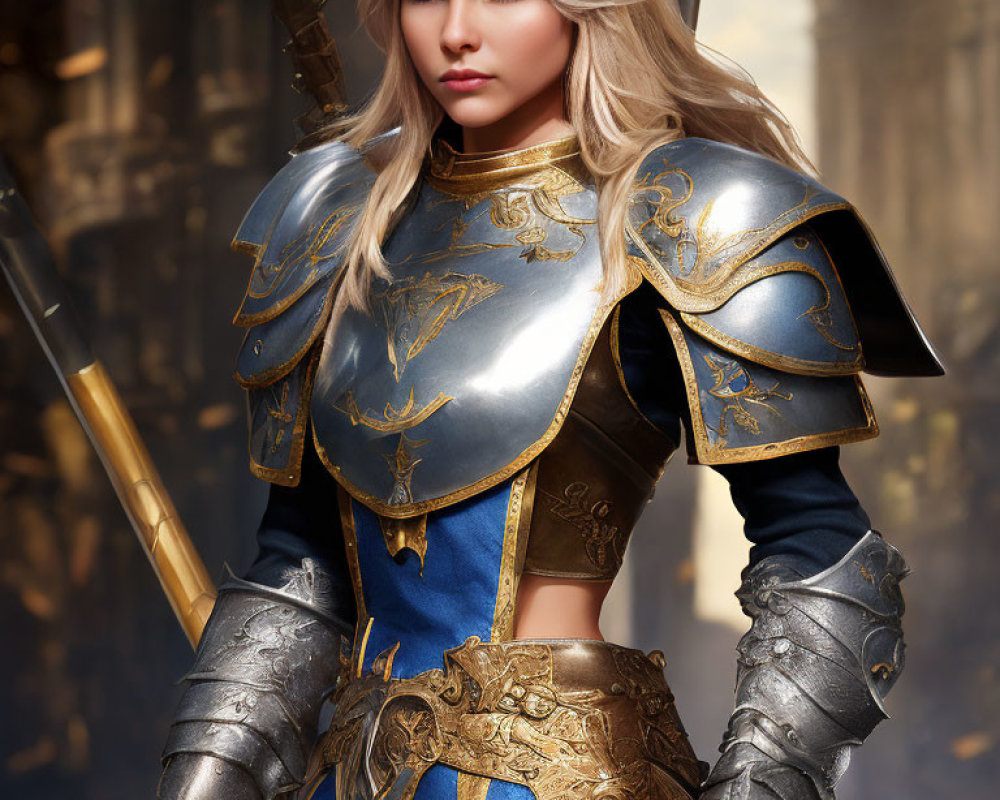 Blonde warrior in silver and gold armor with spear on blue tunic