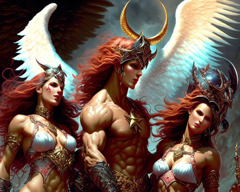 Fantasy warrior women with angel wings in elaborate armor pose dramatically
