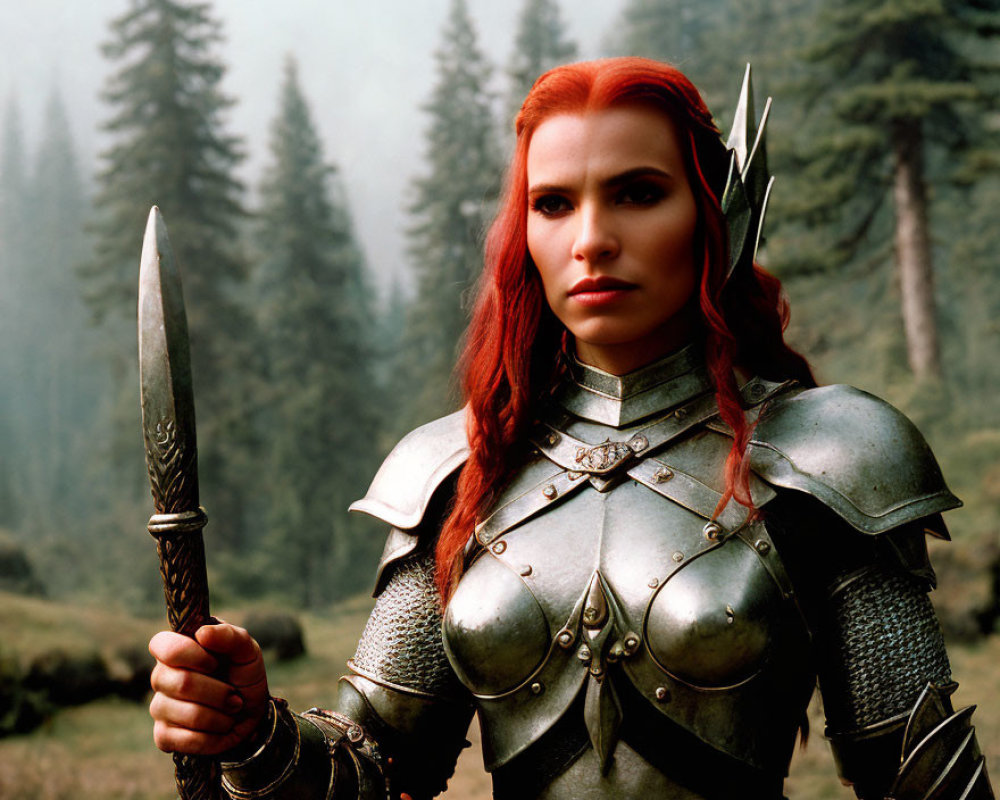 Red-haired figure in silver armor wields knife in misty forest