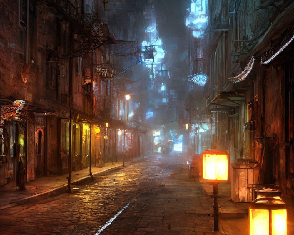 Cobblestone street at night with hanging lights and lanterns