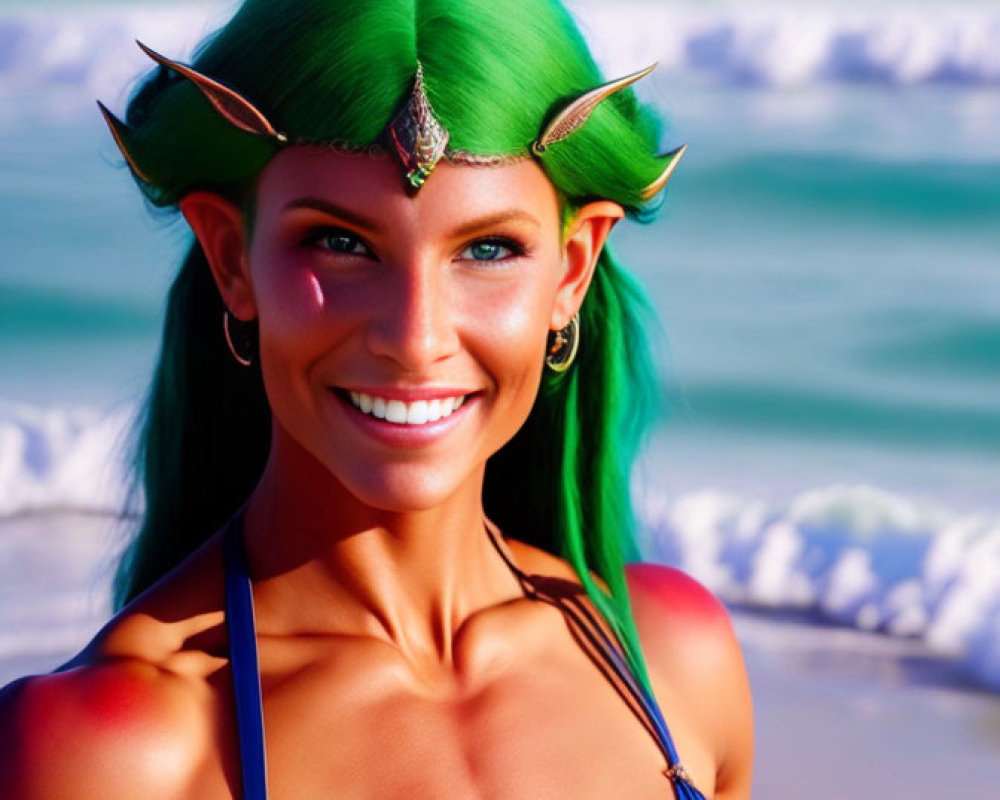 Smiling person with green hair on beach with ocean and rock formation