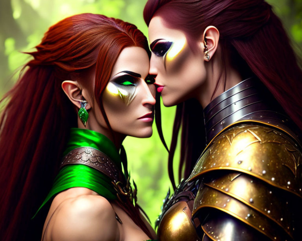 Two female warriors with red hair in fantasy armor face off in forest setting