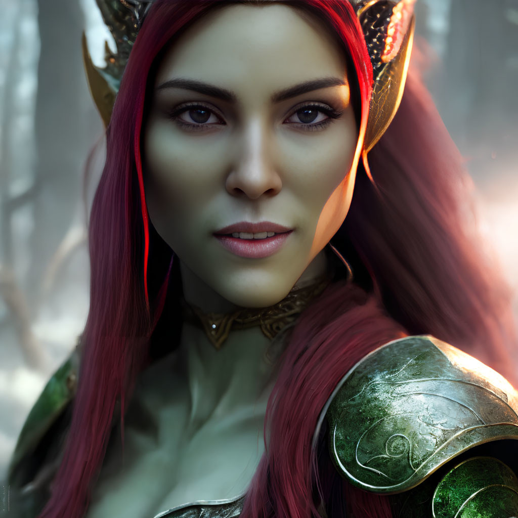 Red-haired woman in golden crown and green armor against misty forest