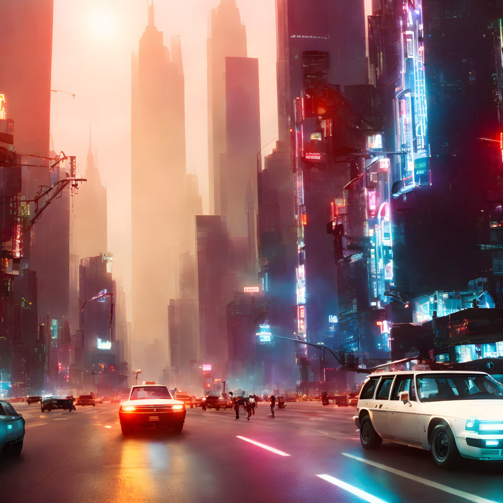 Futuristic cityscape with neon lights, skyscrapers, and retro-futuristic cars at