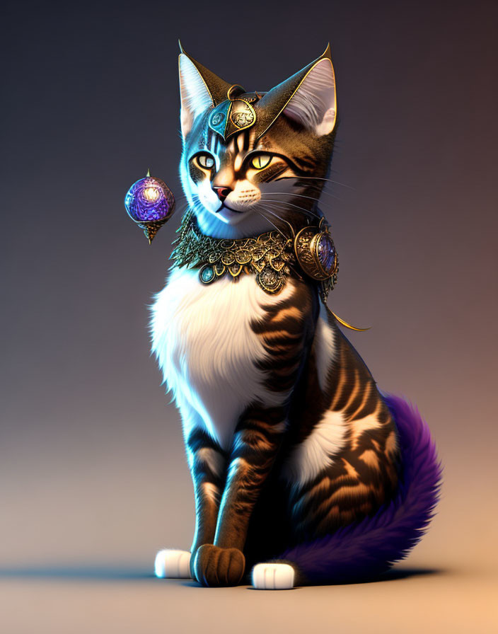 Majestic cat with golden jewelry and blue amulet on gradient background