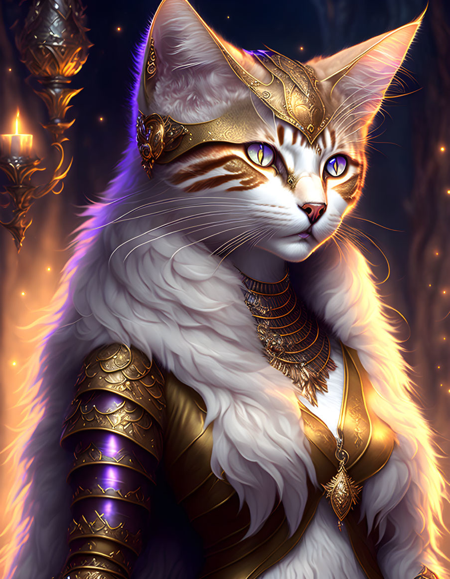 Digital artwork: White cat in golden armor against fiery mystical backdrop
