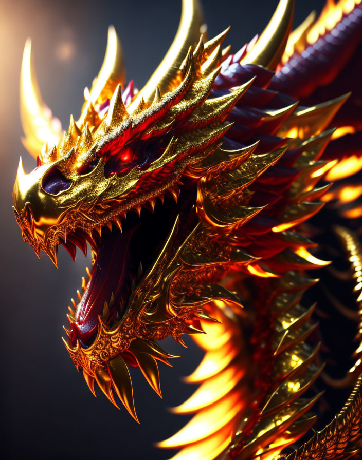 Red Dragon with Glowing Eyes and Sharp Horns Displaying Fierce Presence
