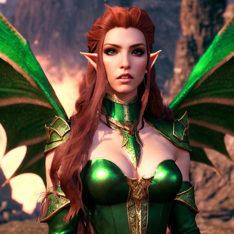 Red-haired female elf in green and gold armor with green wings on rocky background