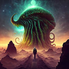 Figure gazes at giant green cephalopod in alien landscape