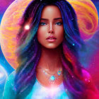 Vibrant blue and purple-haired woman in cosmic scene with celestial bodies.